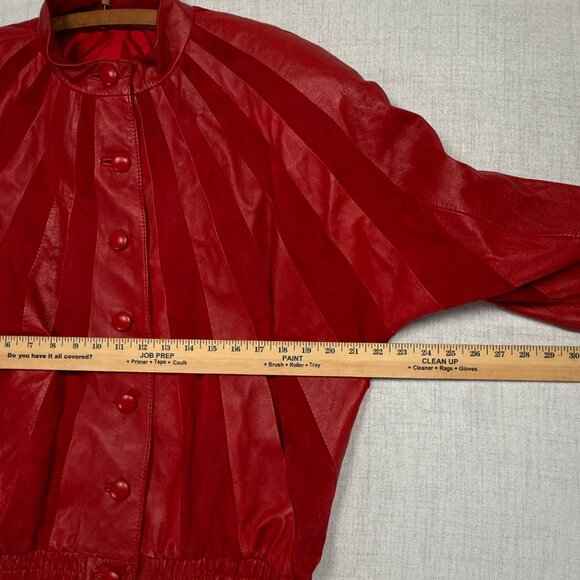 Vintage 80s Red Leather Suede Panel Jacket Batwing Button Front Bomber Size 36 - Picture 11 of 14